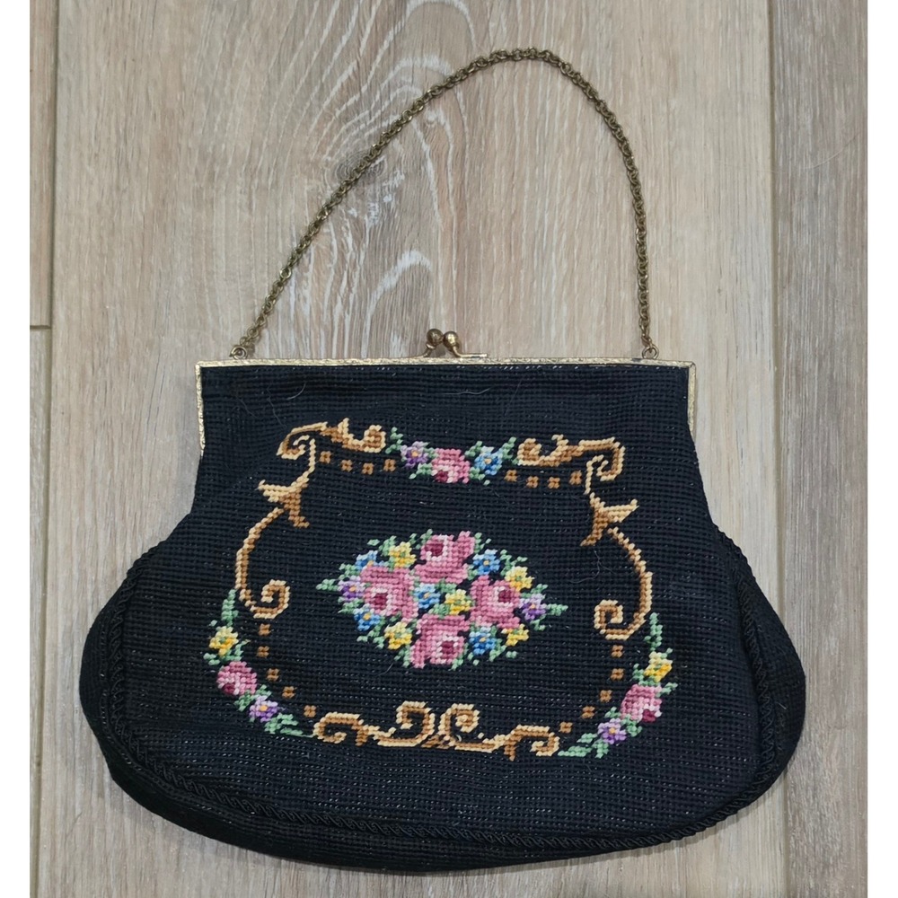 Needlepoint Purse Women Small Black Good Floral Vintage Kiss Lock Bag